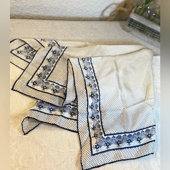 Vintage Anne Klein Silk Scarf Navy Blue Polka Dot Floral Lace Border 26" Square - Picture 3 of 14
